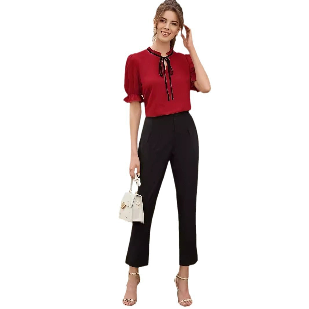 Women's Elegant Solid Trim Tie Long Ruffle Sleeve Shirt