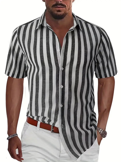 Summer European And American Men's Beach Casual Sports Yarn-dyed Striped Short-sleeved Lapel Shirt