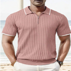 Striped Casual Stand Collar Shirt Solid Color Short Sleeve Top