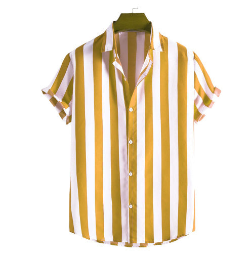 Summer European And American Men's Beach Casual Sports Yarn-dyed Striped Short-sleeved Lapel Shirt