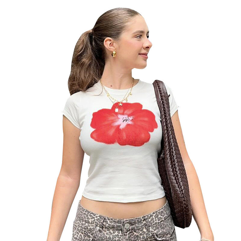 Fashion Print Round Neck Short-sleeved Cropped T-shirt