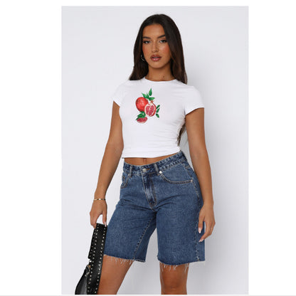 Round Neck Printed Short-sleeved Top Street Fashionable Slim-fit Short Navel All-match T-shirt For Women