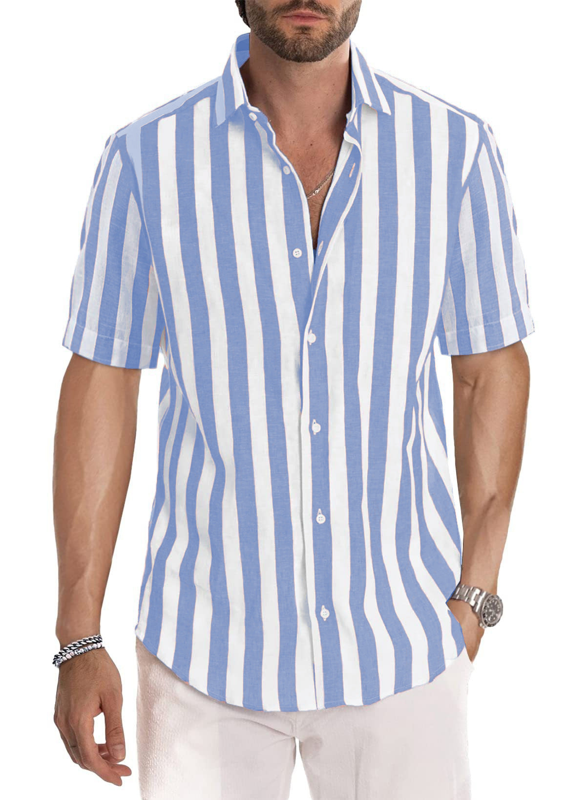 Summer European And American Men's Beach Casual Sports Yarn-dyed Striped Short-sleeved Lapel Shirt