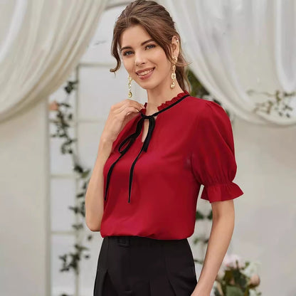 Women's Elegant Solid Trim Tie Long Ruffle Sleeve Shirt