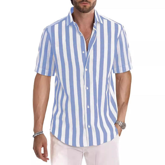 Summer European And American Men's Beach Casual Sports Yarn-dyed Striped Short-sleeved Lapel Shirt